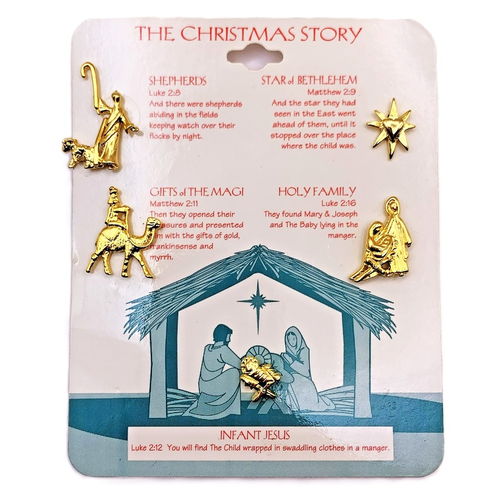 Set of 5 Vintage Holy Family Nativity Lapel Hat Stocking Crafts Pins Brooch Card